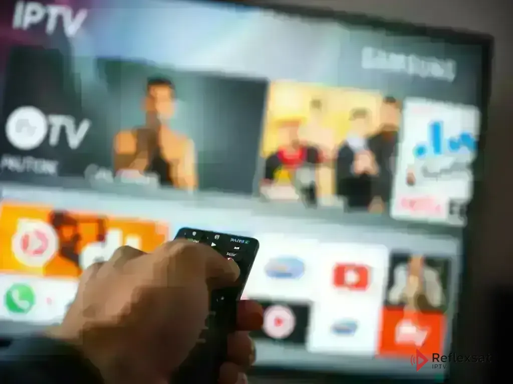 Smart TV IPTV Setup - Remote control pointing to IPTV app on Samsung TV screen